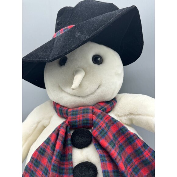 commonwealth snowden 1997 white Snowman Plush Toy top Hat & plaid Scarf 22" READ - Picture 2 of 14